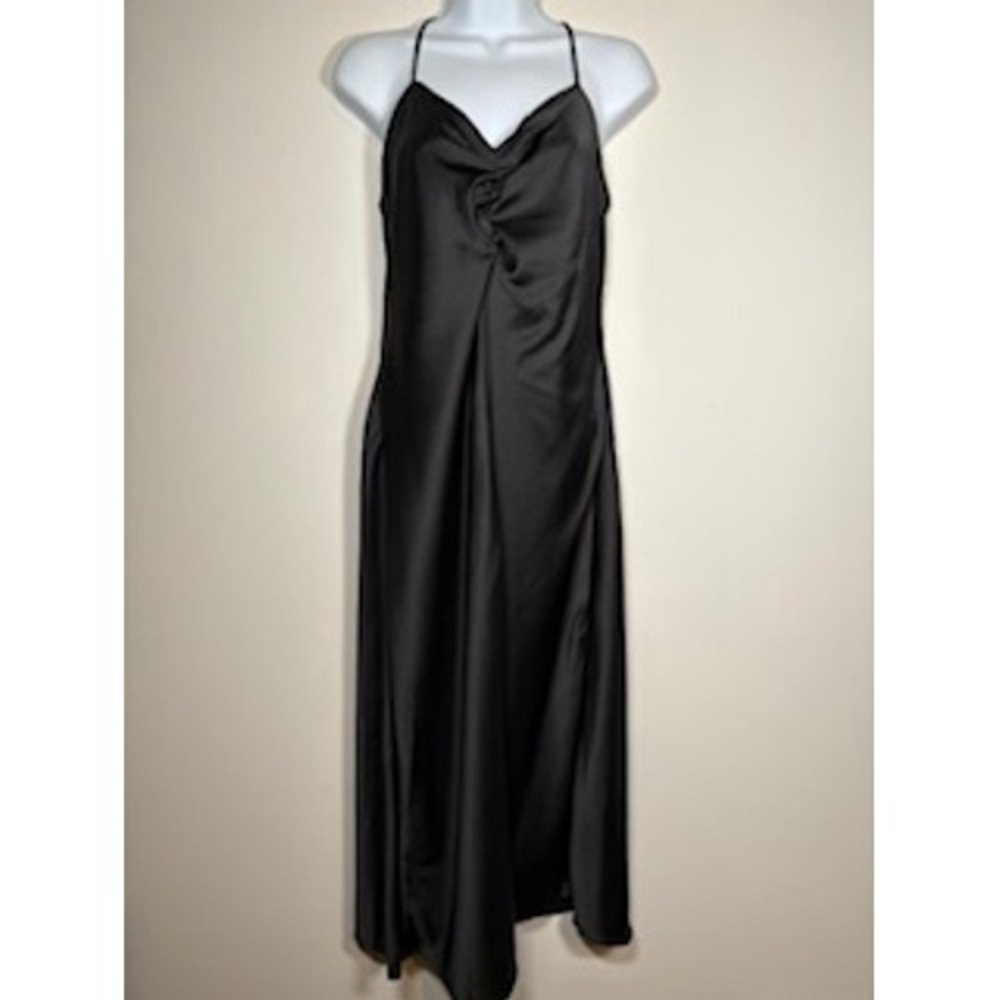 NICOLE MILLER Midi Black Satin Ruched Slip Dress Size Medium Evening Chic LBD